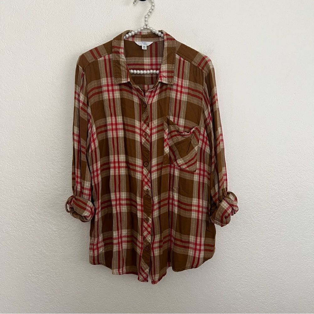 Time & Tru Plaid Long Sleeve Brown Button Front Collared Top Women’s Size XXL - Picture 6 of 10